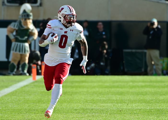 Wisconsin running back Braelon Allen running with the football in the open field.
